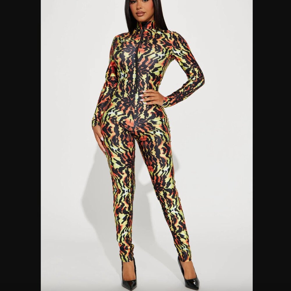 Fashion Nova Wild Thing Tiger Jumpsuit/Ears 2 Piece Costume Set, Medium/Large - Picture 1 of 9